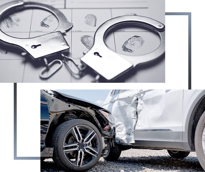 The image combines two main elements: open metal handcuffs alongside fingerprint records, suggesting an investigative context, and a car accident scene with visible damage to both vehicles, indicating a side-impact collision.