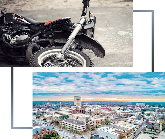 The image shows two main aspects: a damaged motorcycle front wheel suggesting repairs, and an aerial view of a cityscape with grid-like streets under a partly cloudy sky.