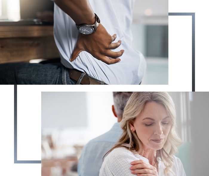 The image shows two scenes: one of a person with back pain, indicated by a hand on their lower back, and another of an individual being comforted by someone with a hand on their shoulder.