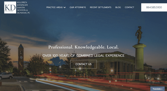 A law firm's website highlights its 100+ years of legal experience, practice areas, attorney profiles, recent settlements, blog, and contact information, including a "Translate" feature and a prominent contact button.