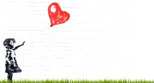 A young child is depicted reaching out toward a heart-shaped balloon floating away, set against a white brick wall