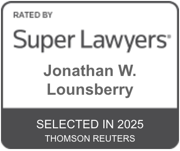 An award or badge reads: "RATED BY Super Lawyers, Jonathan W. Lounsberry, Selected in 2025 by Thomson Reuters." It signifies professional achievement and recognition in the legal field.