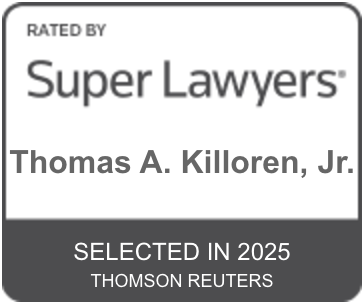 An award or badge stating: "Rated by Super Lawyers, Thomas A. Killoren, Jr., Selected in 2025 by Thomson Reuters," highlighting his professional achievement and acknowledgment in the legal field.