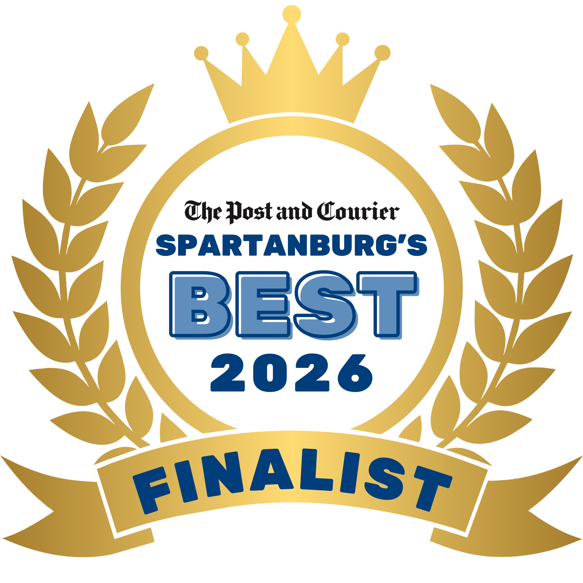 Spartanburg's Best 2026 finalist logo with gold laurel leaves and a crown, featuring blue text and The Post and Courier banne