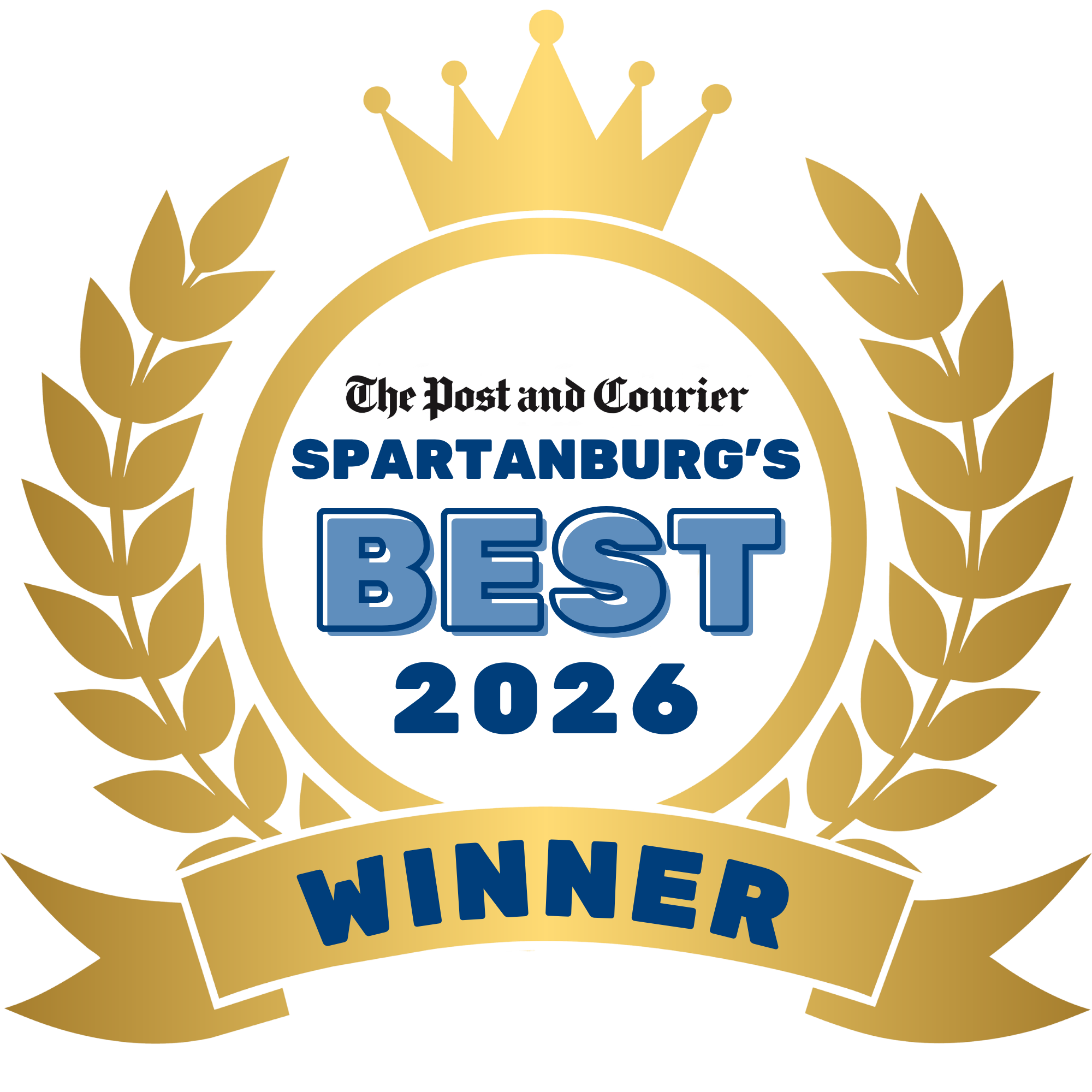 Spartanburg's Best 2026 logo featuring a crown, laurel leaves, and "Winner" in bold blue text.