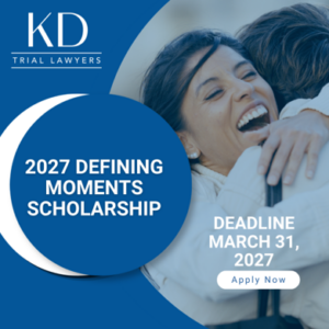 Woman smiling and embracing a man, with text about the 2027 Defining Moments Scholarship and application deadline.